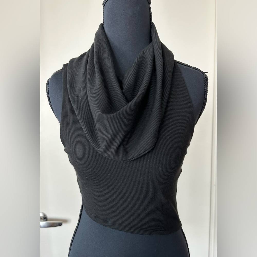 Naked Wardrobe Ribbed Sleeveless Cowl Neck Asymmetrical Crop Top in Black